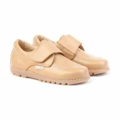 Boys Leather Derby School Shoes Velcro Rounded Toe 301 Camel, By AngelitoS