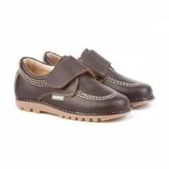 Boys Leather Derby School Shoes Velcro Rounded Toe 301 Chocolate, By AngelitoS