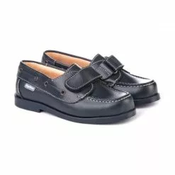 Boys Leather School Boat Shoes Velcro Rounded Toe 350 Navy, By AngelitoS