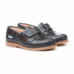 Boys Leather School Boat Shoes Velcro Rounded Toe 351 Navy, By AngelitoS