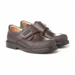 Boys Leather School Shoes Reinforced Toe Velcro 452 Chocolate, By AngelitoS