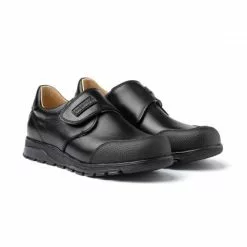 Boys Leather School Shoes Reinforced Toe Velcro 453 Black, By AngelitoS