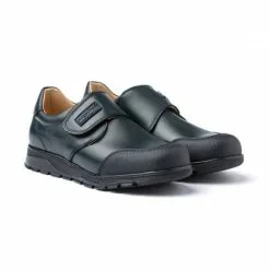 Boys Leather School Shoes Reinforced Toe Velcro 453 Navy, By AngelitoS