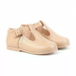 Childrens Boy Girl Leather School T-Strap Shoes Buckle 503 Camel, By AngelitoS