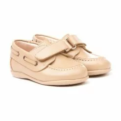 Childrens Boy Leather School Boat Shoes Velcro Rounded Toe 354 Camel, By AngelitoS