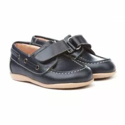 Childrens Boy Leather School Boat Shoes Velcro Rounded Toe 354 Navy, By AngelitoS