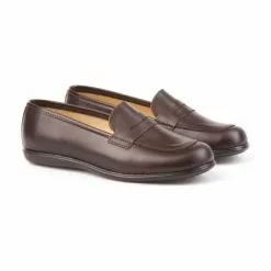 Childrens Girl Leather School Loafers Rounded Toe 466 Chocolate, By AngelitoS
