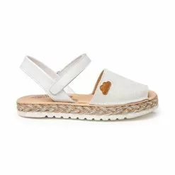 Girls Metallic Nappa Leather And Glitter Suede Menorcan Sandals Padded Insole Velcro 222 White, By AngelitoS