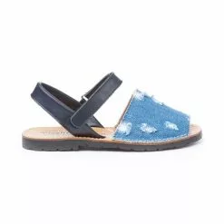 Girls Nappa Leather And Denim Menorcan Sandals Velcro 212 Navy, By AngelitoS