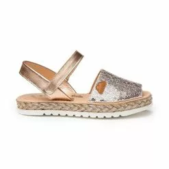Girls Nappa Leather And Sequins Menorcan Sandals Padded Insole Velcro 224 Nude, By AngelitoS