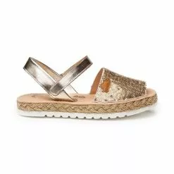 Girls Nappa Leather And Sequins Menorcan Sandals Padded Insole Velcro 224 Platinum, By AngelitoS
