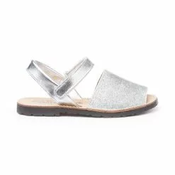 Girls Patent And Glitter Leather Menorcan Sandals Velcro 208 Silver, By AngelitoS