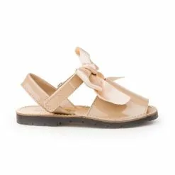 Girls Patent Leather Menorcan Sandals Satin Bow Velcro 206 Camel, By AngelitoS