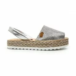 Woman Leather And Metallic Sackcloth Menorcan Sandals Platform Padded Insole 1254 Silver, By Eva Mañas