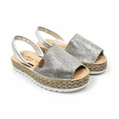 Woman Leather And Metallic Sackcloth Menorcan Sandals Platform Padded Insole 1254 Silver, By Eva Mañas -Comfort Heels Sales woman leather and metallic sackcloth menorcan sandals platform padded insole 1254 silver by eva manas 3