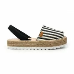 Woman Leather And Raffia Menorcan Sandals Platform Padded Insole 1255 Black, By Eva Mañas