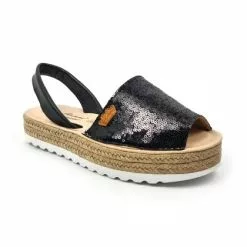 Woman Leather And Sequins Menorcan Sandals Platform Padded Insole 1253 Black, By Eva Mañas -Comfort Heels Sales woman leather and sequins menorcan sandals platform padded insole 1253 black by eva manas 2