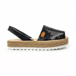 Woman Leather And Sequins Menorcan Sandals Platform Padded Insole 1253 Black, By Eva Mañas
