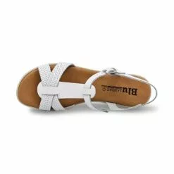 Womens Engraved Leather Low Wedged Sandals Padded Insole Buckle 22100 White, By Blusandal -Comfort Heels Sales womens engraved leather low wedged sandals padded insole buckle 22100 white by blusandal 4